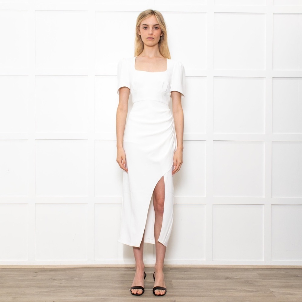 Self-Portrait White Crepe Midi Dress With Short Sleeves